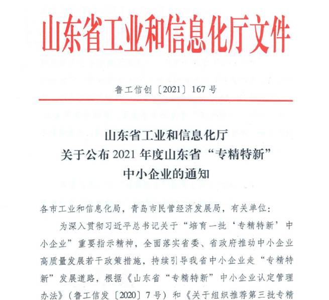 喜報！熱烈祝賀我司通過山東省“專精特新”中小企業(yè)審核